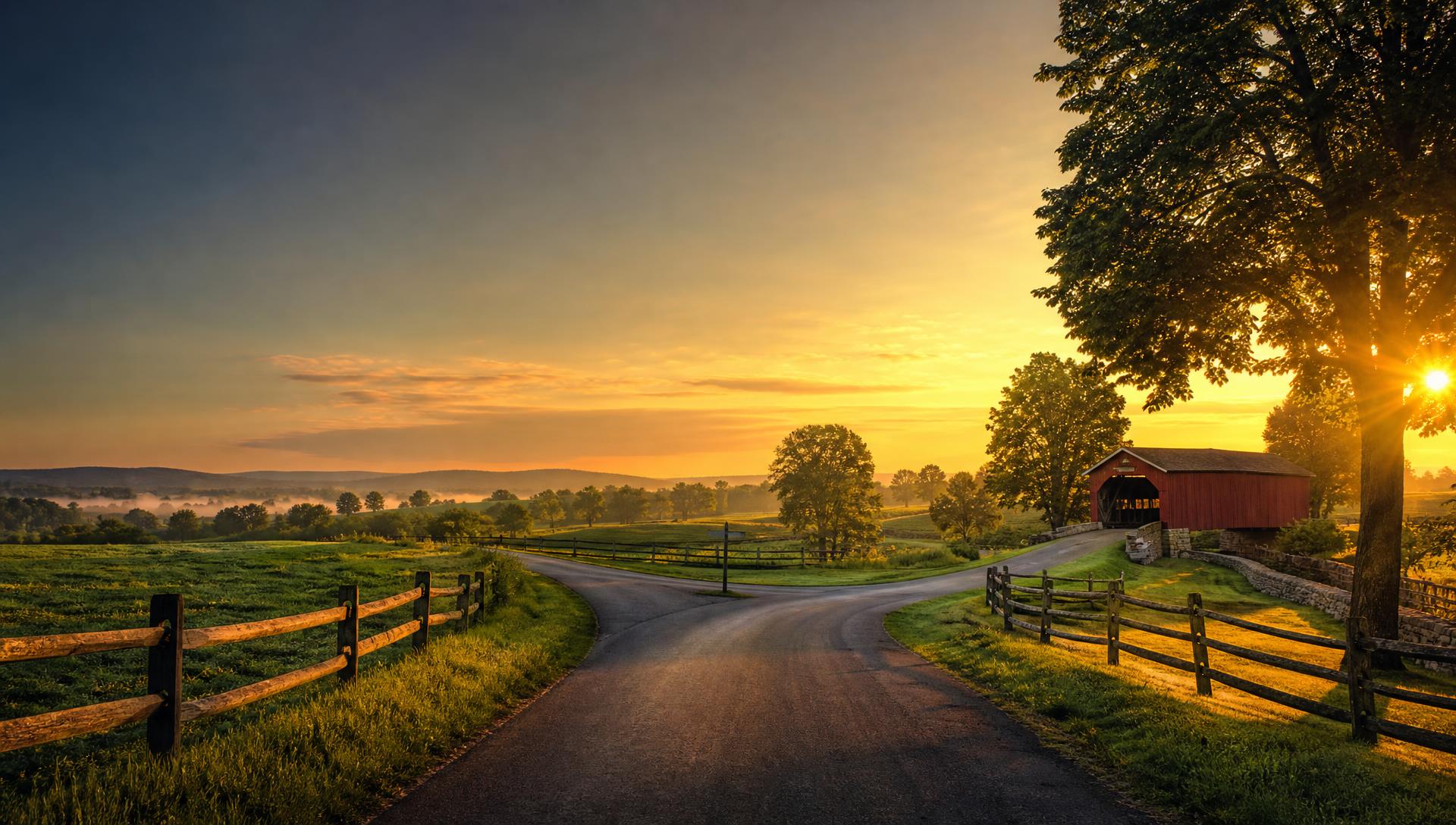 A quiet country road winding through Lancaster farmland at sunrise